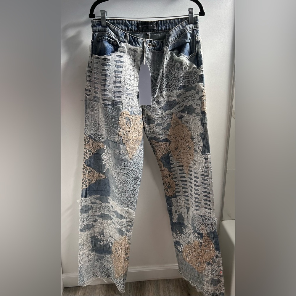 WHO DECIDES WAR Blue Grid Lace Jeans Size 32